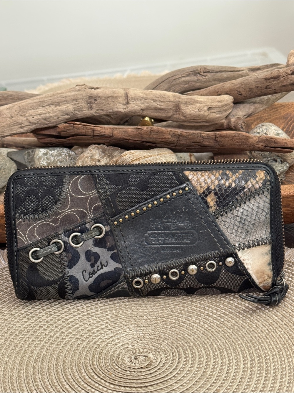 Coach Patchwork Zip Wallet in Black and Taupe Accents